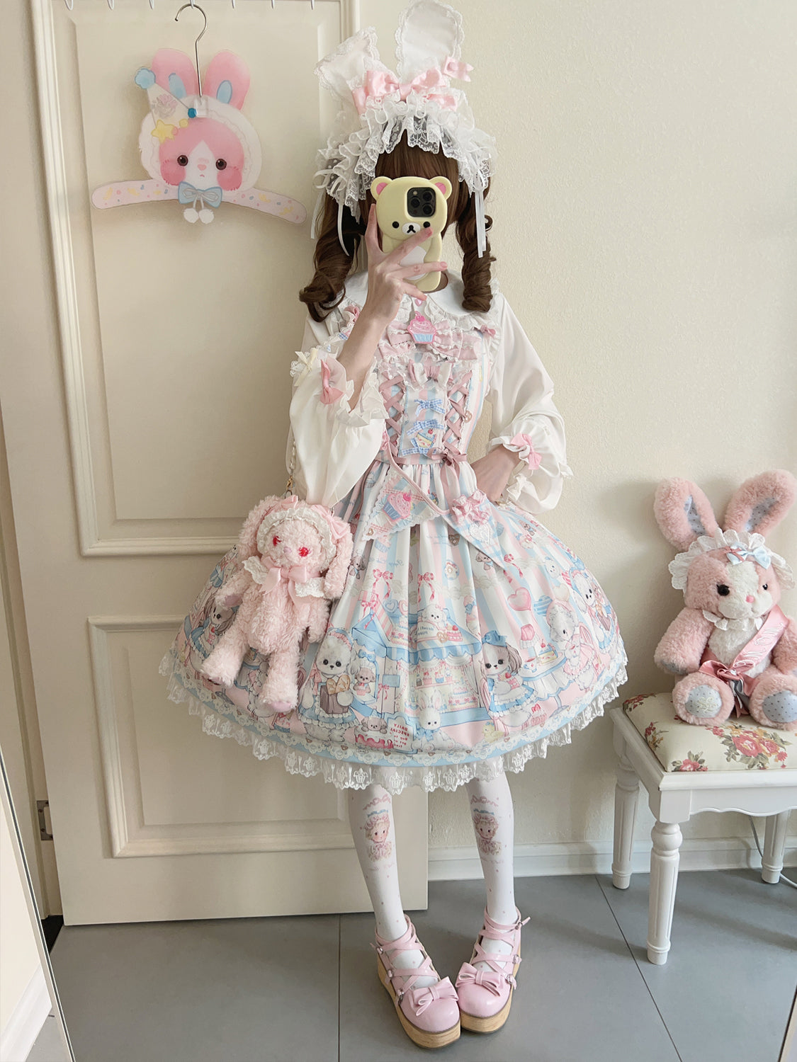 Hanguliang - Sweet Tea Party - Kawaii Lolita JSK Puppy Printed Dress with Sash