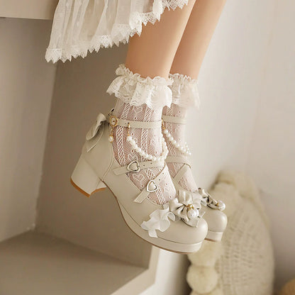 Yana - Round Toe Sweet Lolita Shoes, Detachable Pearl Chain