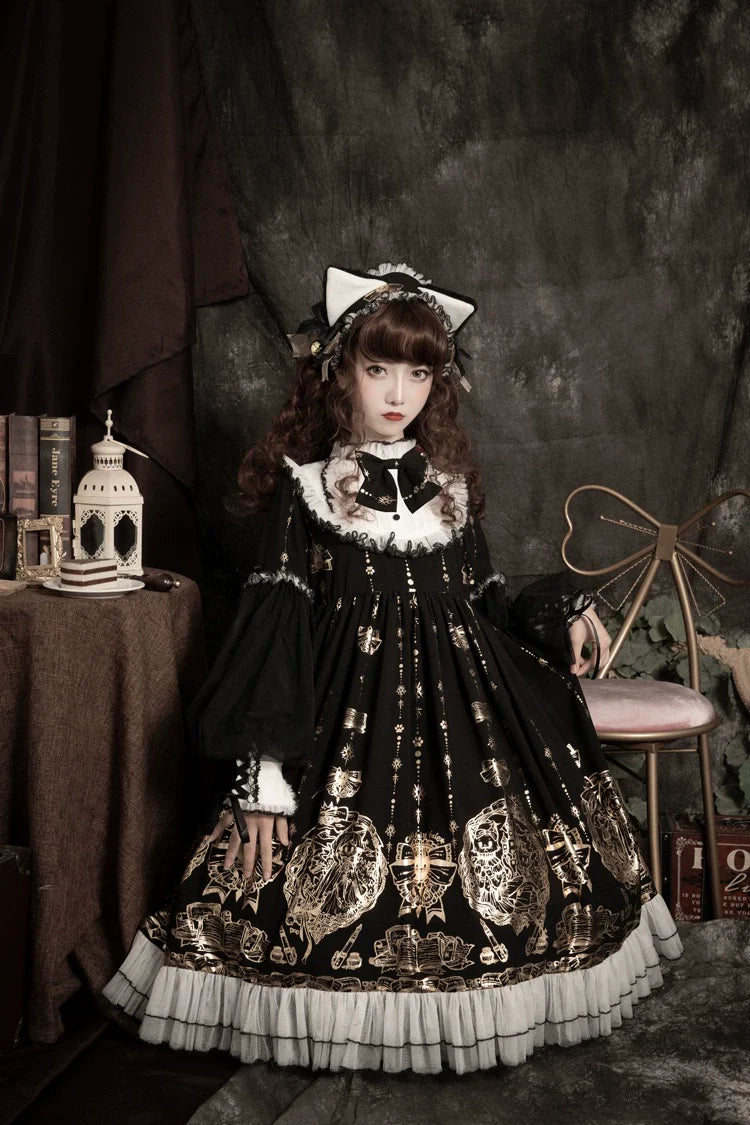 Ilovexiaolu - Foil-Stamped Fairytale Town - Animal Print Gothic Lolita Dress