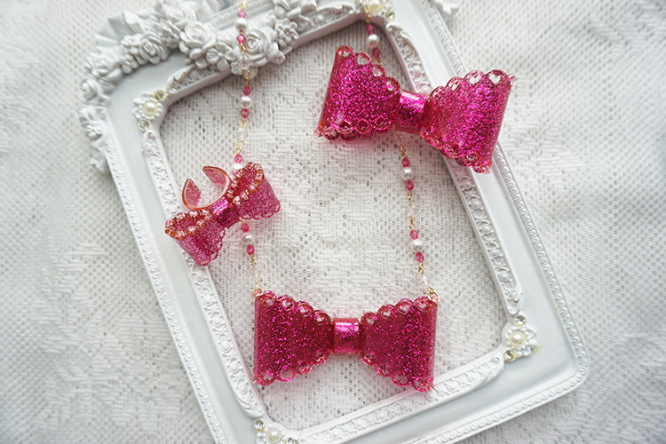 Cat Tea Party - Handmade Sweet Lolita Beaded Bow Necklace