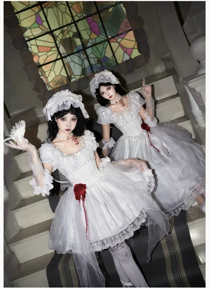 With PUJI - Dawn's Last Light - Castle Printed White Gothic Lolita OP, Two Length Styles