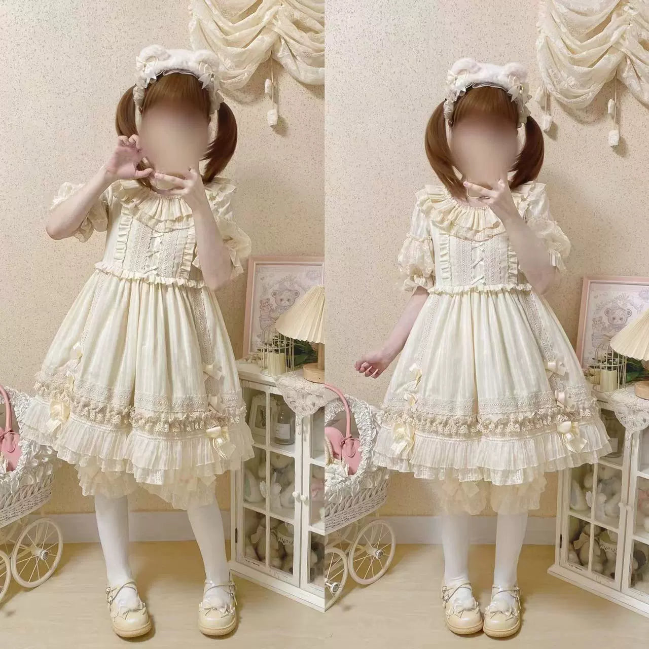 Ilovexiaolu - Meow Lullaby - Cotton Kawaii Lolita OP Dress with Removable Kitty Apron