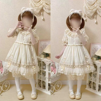 Ilovexiaolu - Meow Lullaby - Cotton Kawaii Lolita OP Dress with Removable Kitty Apron