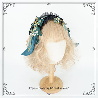 Fox Cherry - Green Lattice Rabbit Ear Bow Lolita Hat Headdress