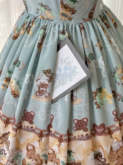 Babyblue - Little Bear Honey Jar - Kawaii Lolita Short Sleeve OP Gingerbread Man Embroidered Dress