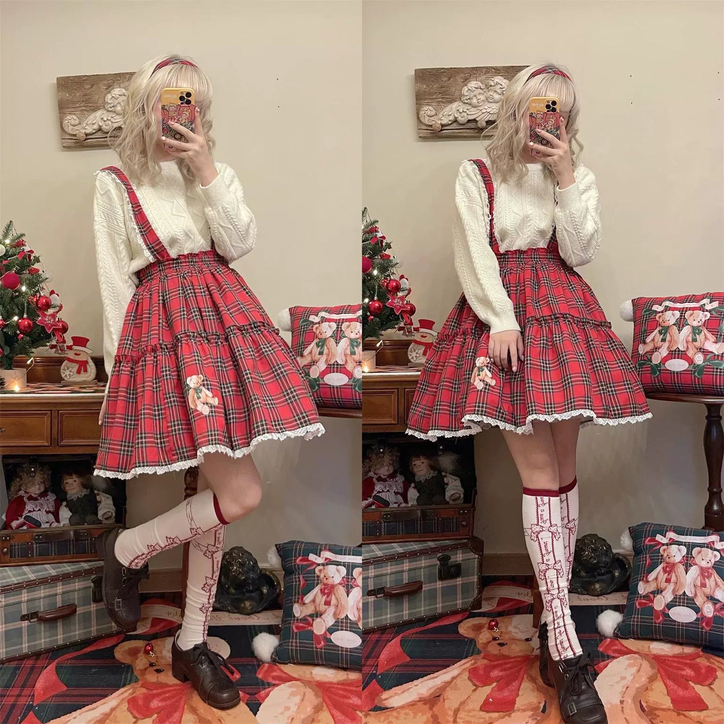 Labeau - Christmas Vintage Lolita Skirts Doll Collar Blouse Plaid Skirt Set