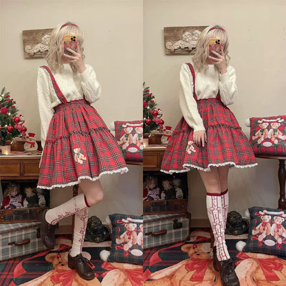 Labeau - Christmas Vintage Lolita Skirts Doll Collar Blouse Plaid Skirt Set