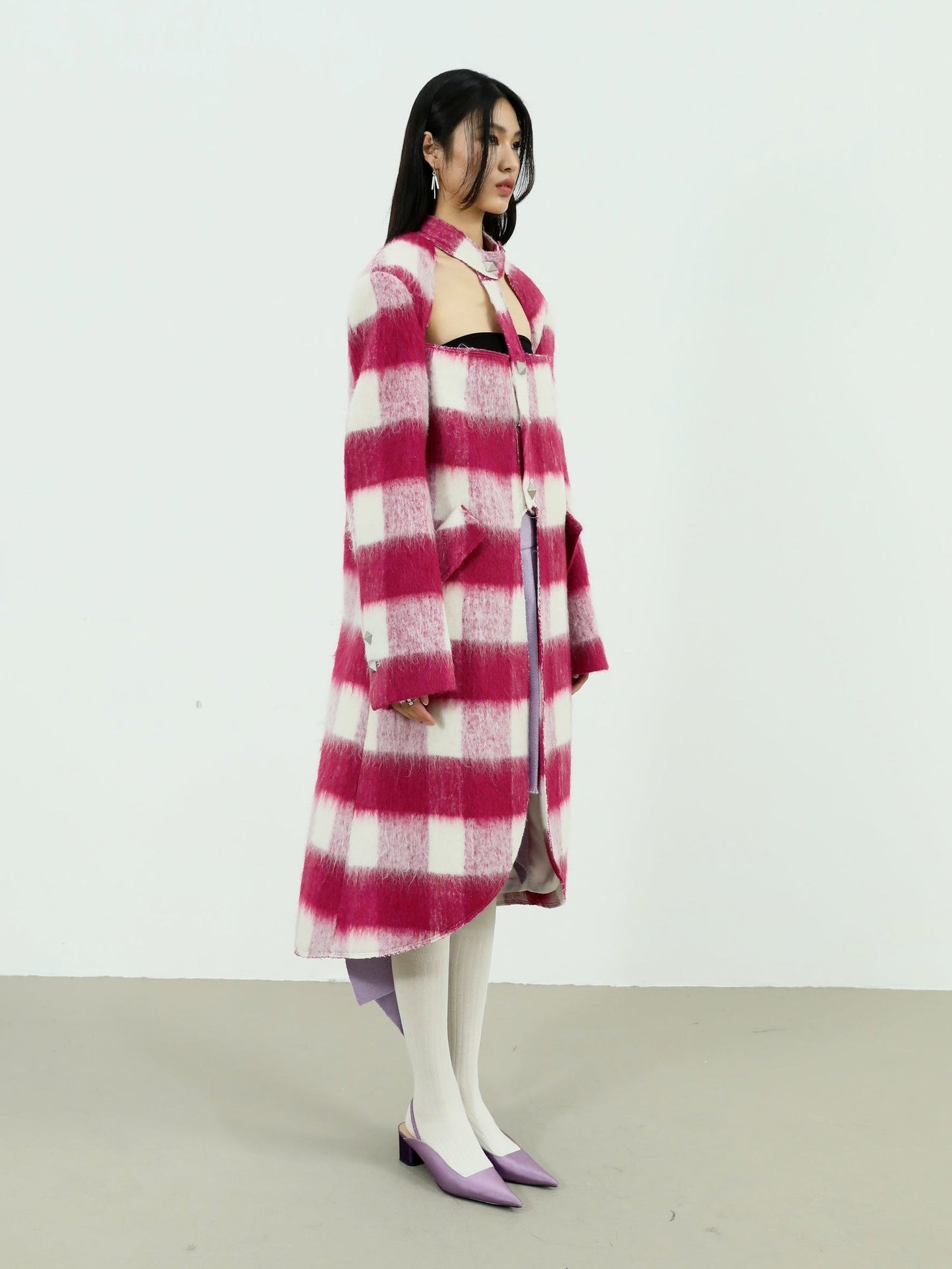 Hollow Strapless Plaid Woolen Coat