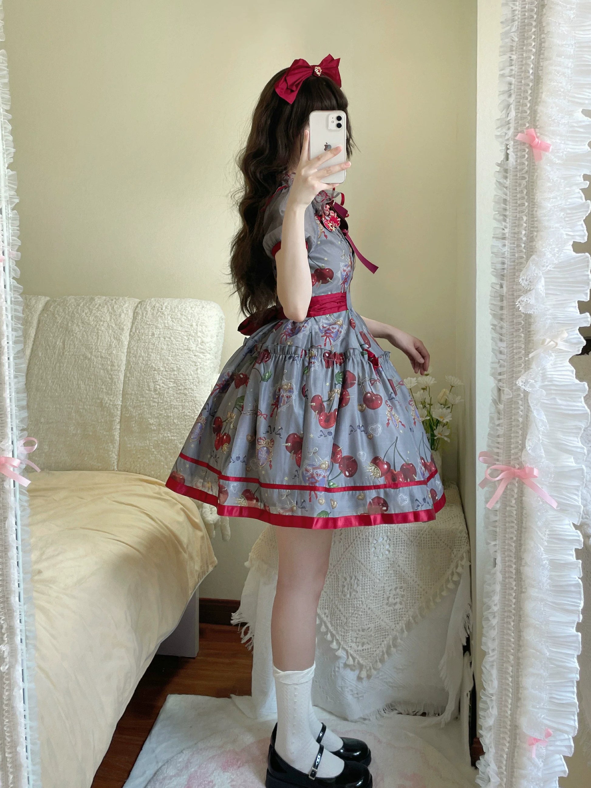 Gloaming - Sweet Lolita Cherry print Short Sleeve OP and SK Set