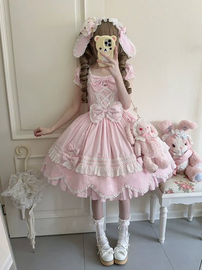 Miss Point - Vintage Petal Rabbit - Old School Lolita OP Cotton Dress With Petal-Shaped Hem