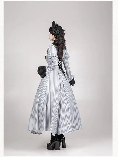 With PUJI - Nocturne SP - Striped Gothic Lolita OP Twin Lolita Dress with Apron