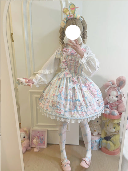 Hanguliang - Sweet Tea Party - Kawaii Lolita JSK Puppy Printed Dress with Sash
