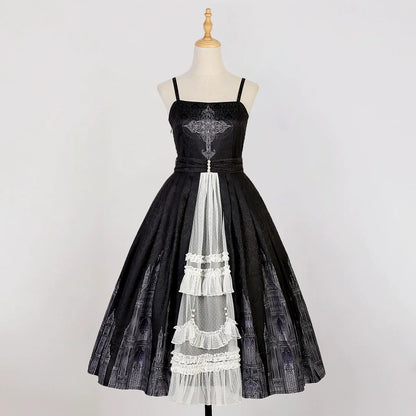 Cornfield Lolita - Silent Church - Gothic Lolita JSK Front Open Printed Dress and Thin Cardigan Set
