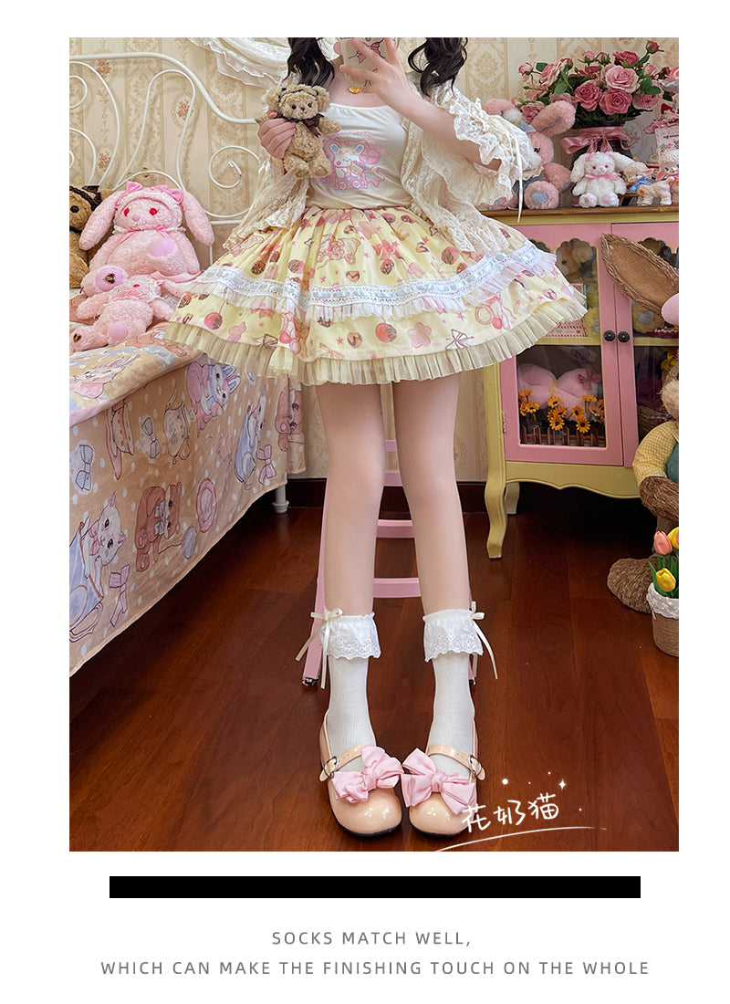 Hua Nai Cat - Sweet Cotton Lolita Socks Mid-Calf Socks with Lace and Bow
