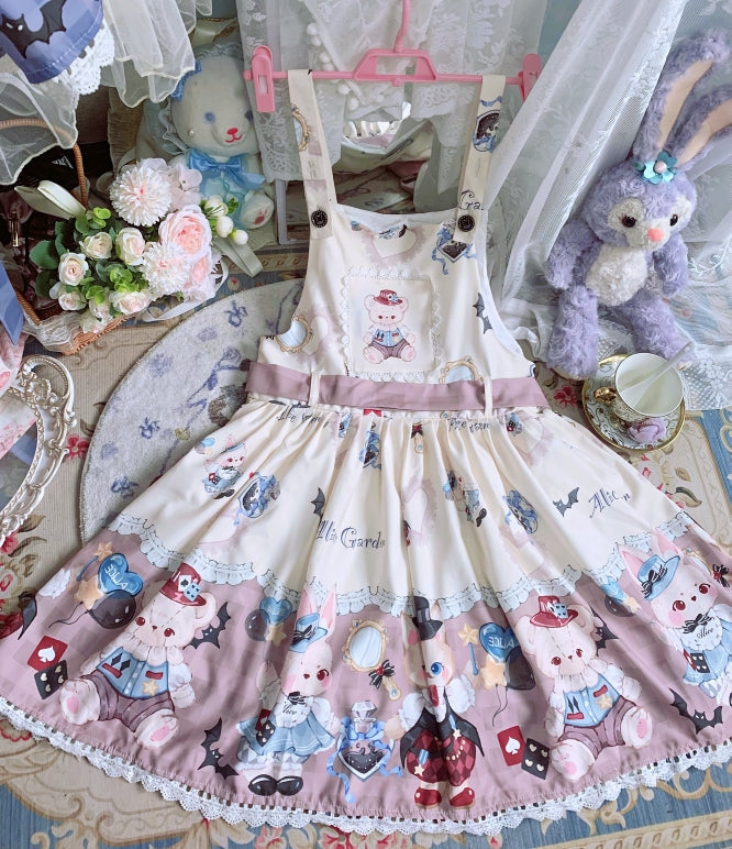 Night Never Sleeps - Bunny Meow Bear - Kawaii Lolita Salopette Bear Print Dress