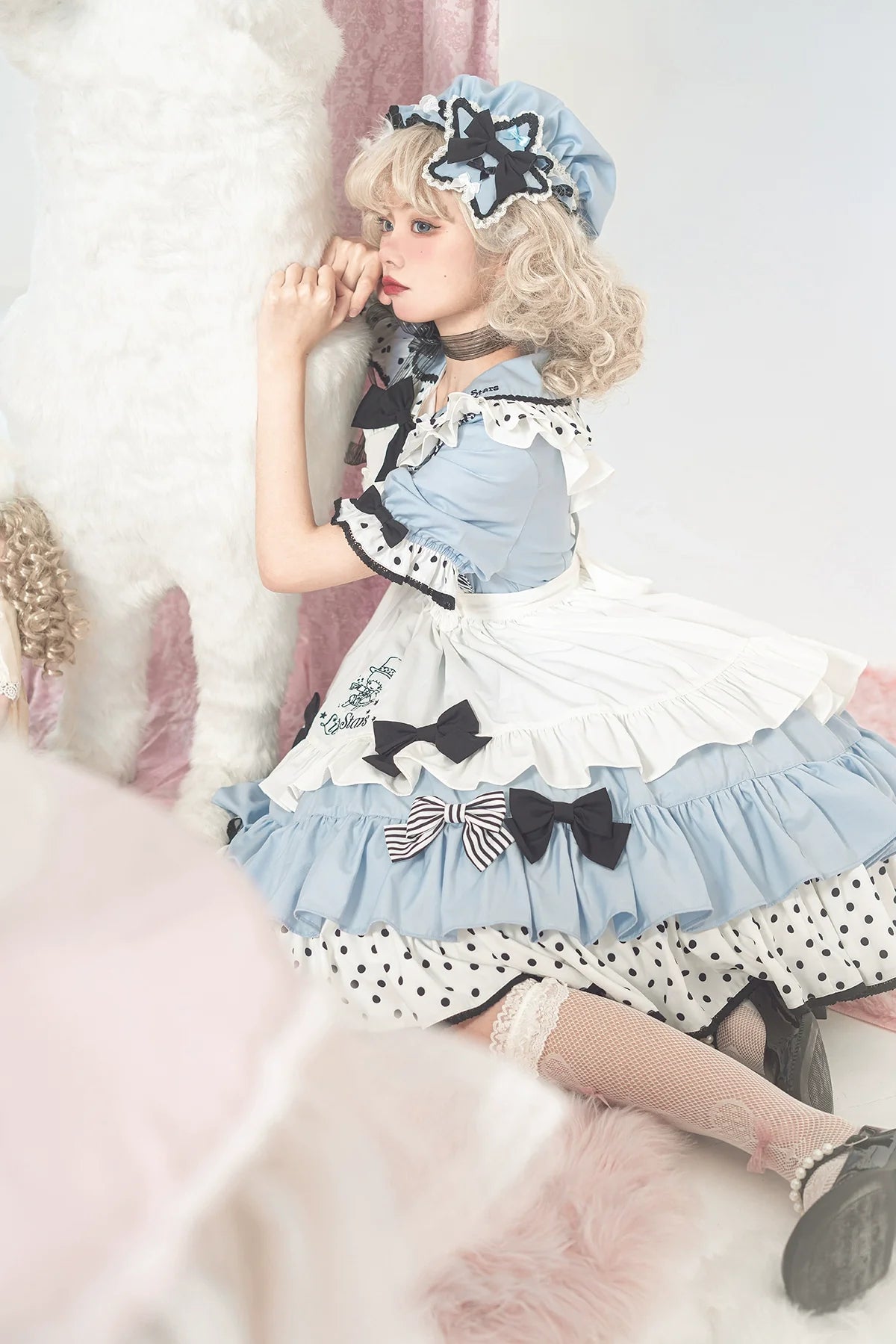 Vcastle - Sweet Lolita OP Dress Splicing Sleeve Apron Dot Print Dress