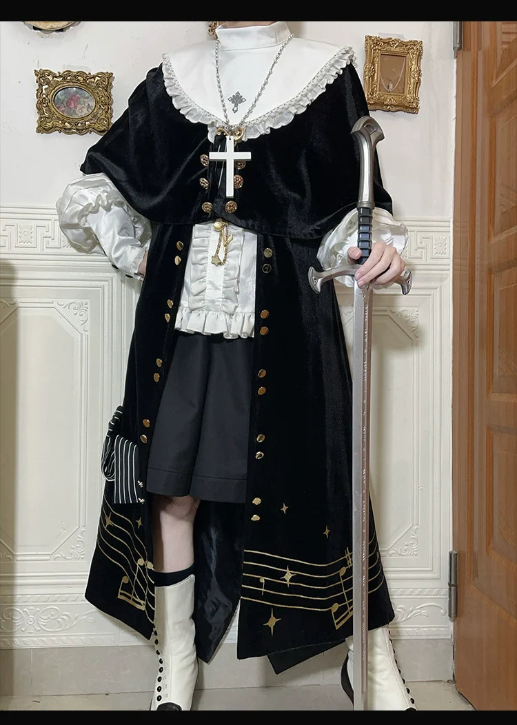 Forest Fluorescent Carps - Black and White Sonata - Ouji Lolita Vest Suit and Vintage Lolita OP Dress