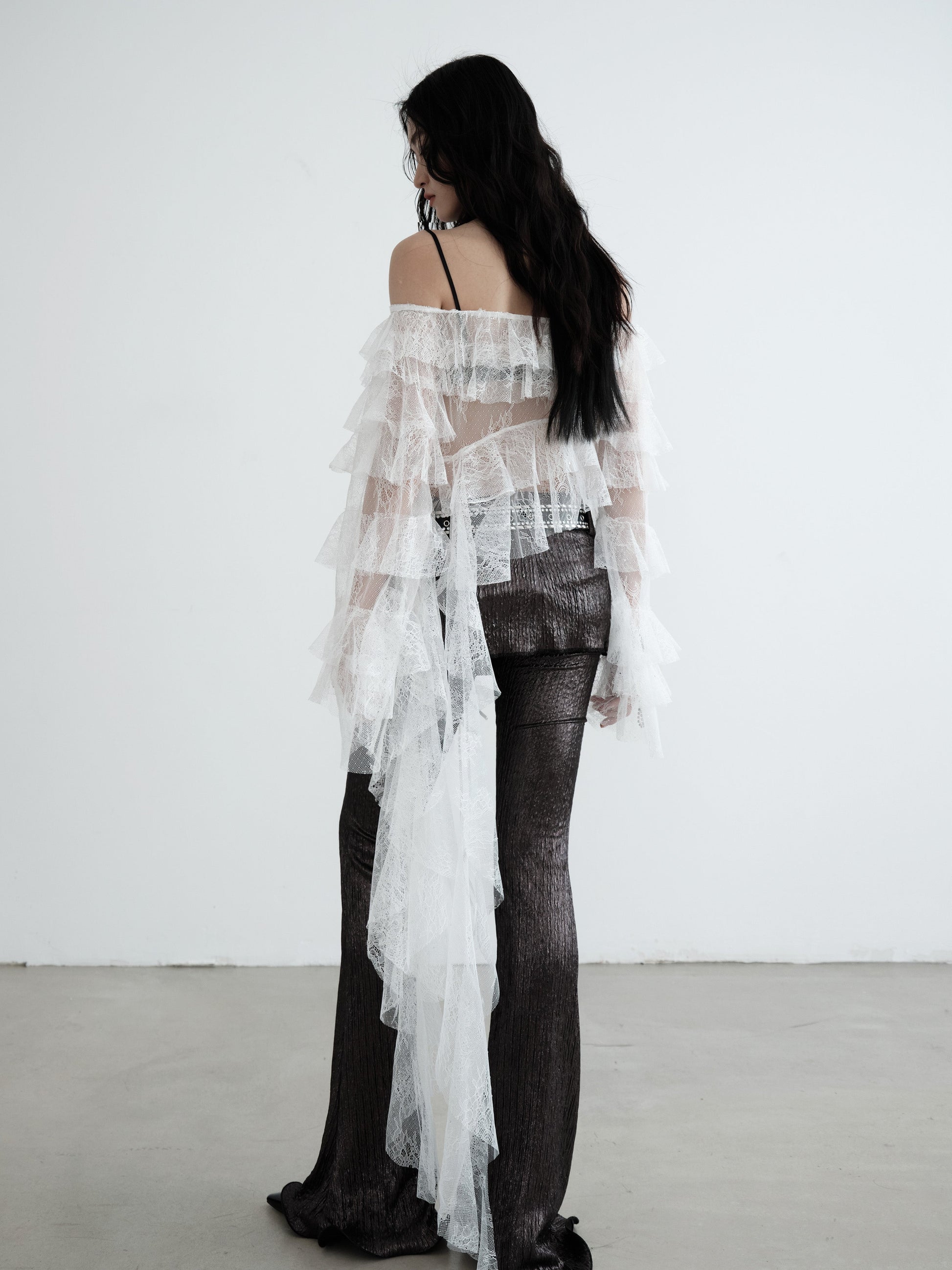 Asymmetrical Sheer Ruffled Lace Blouse