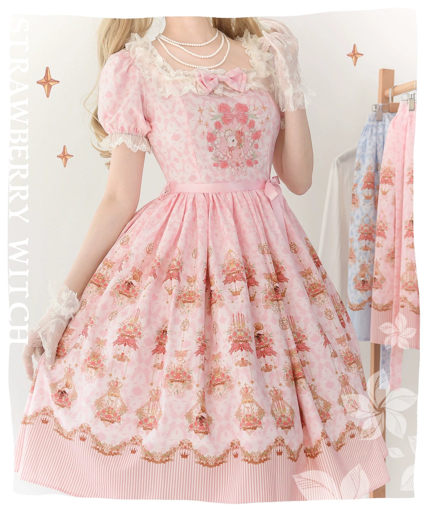 Strawberry Witch - Rose Garden Bunny - Daily Lolita Rose Bunny Printing OP JSK Dress Set