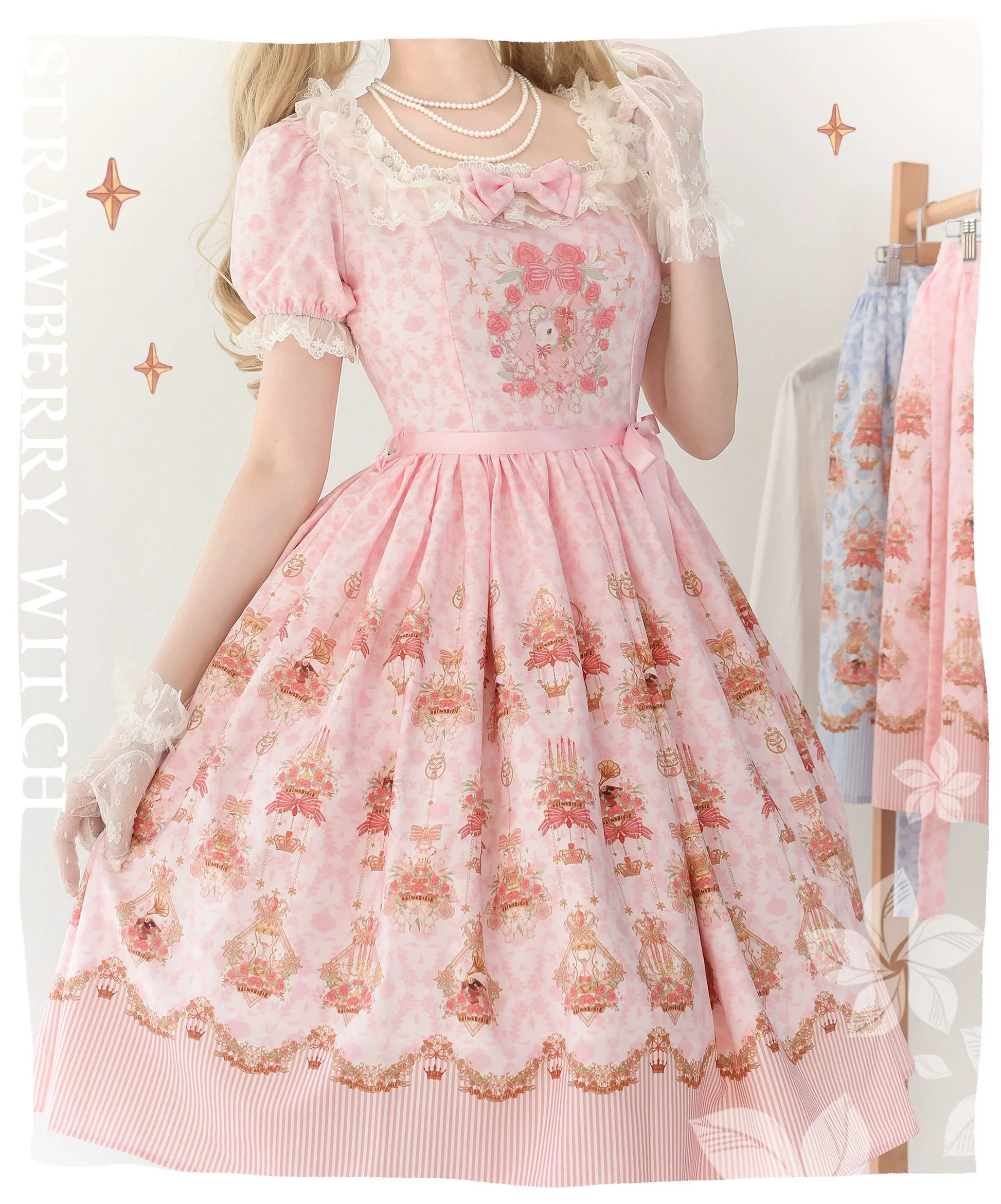 Strawberry Witch - Rose Garden Bunny - Daily Lolita Rose Bunny Printing OP JSK Dress Set