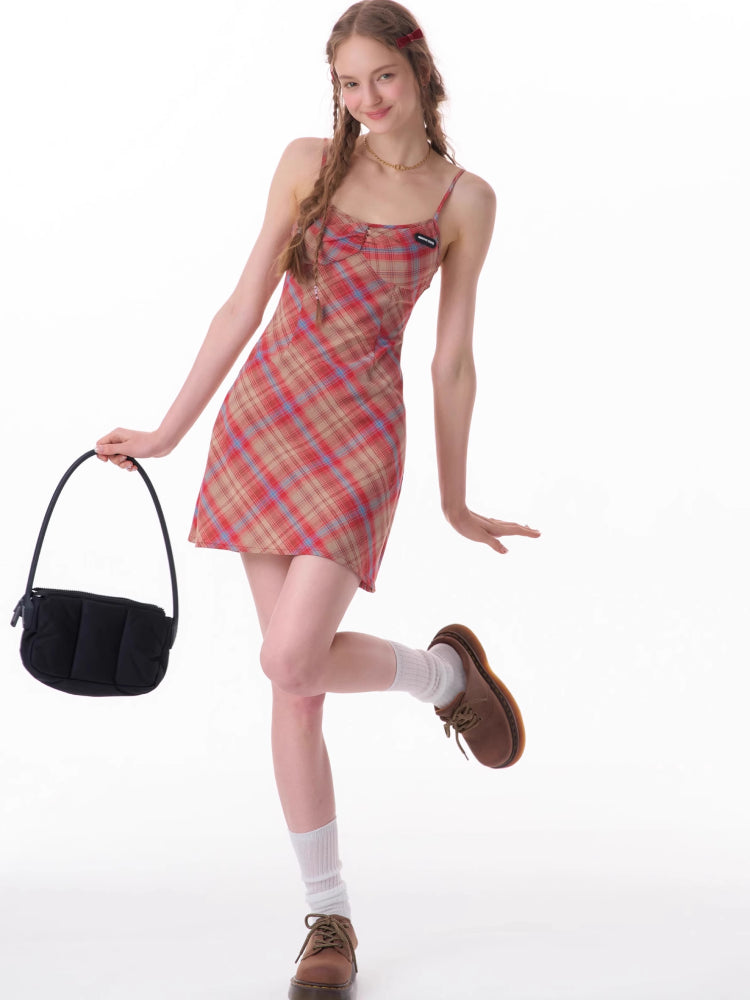 Retro plaid suspender dress【s0000007831】