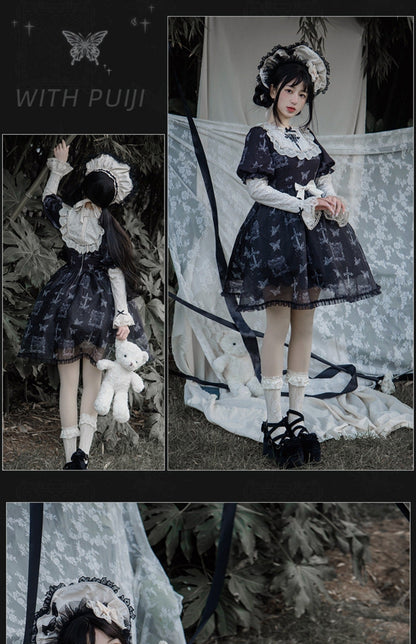With PUJI - Gothic Butterfly Printing Embroidery Lolita OP