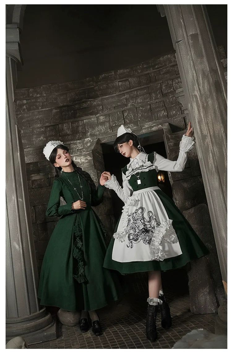 With PUJI - Letter and Poetry ﾂｷ Abyss Clinic - Gothic Lolita Green Dress Set