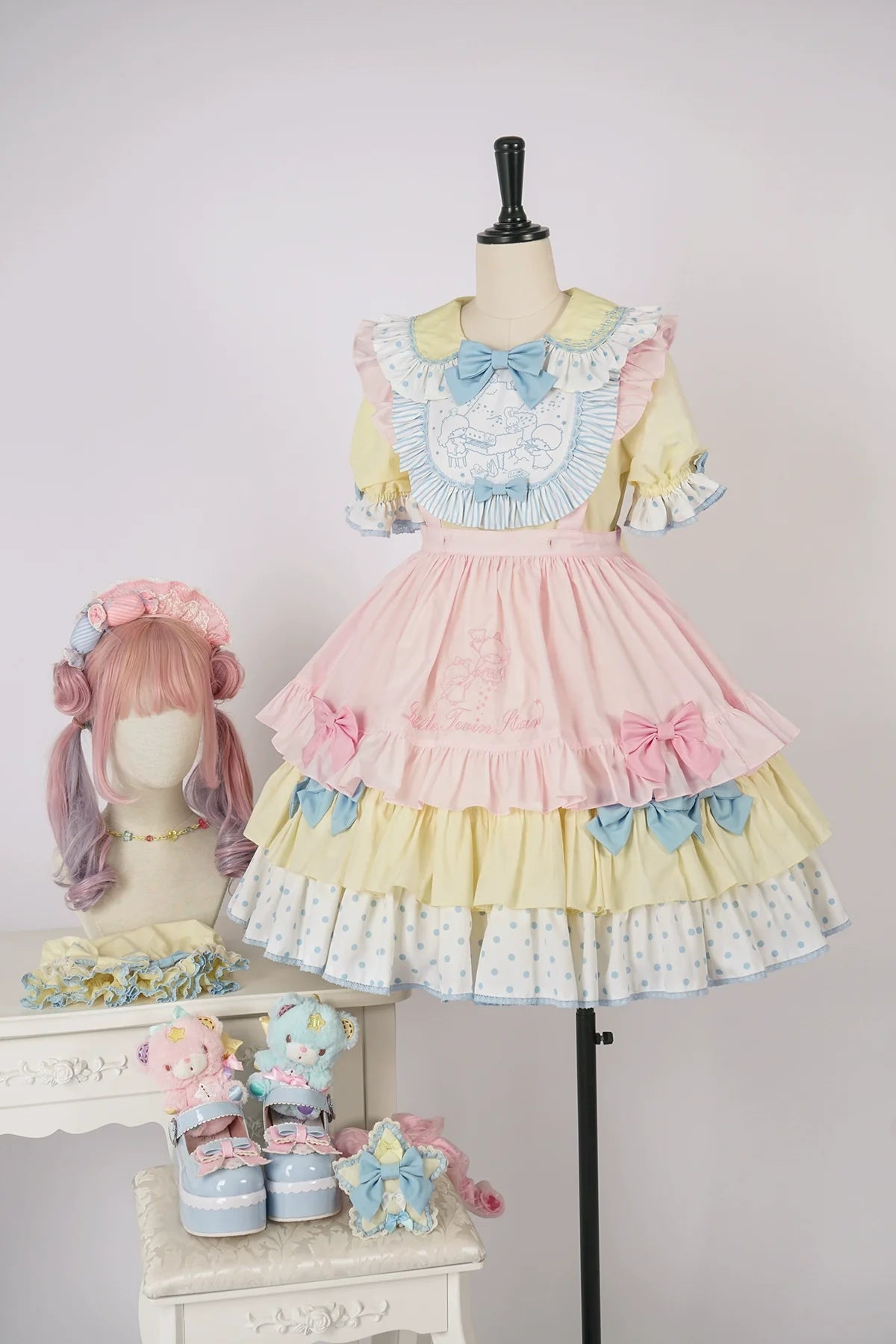 Vcastle - Sweet Lolita OP Dress Splicing Sleeve Apron Dot Print Dress