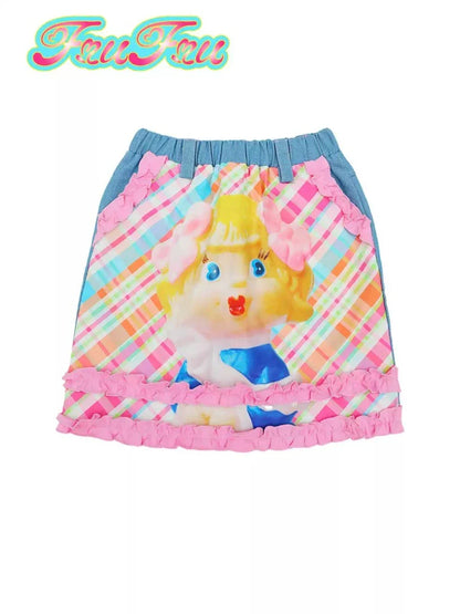 Pink check print denim skirt【s0000007732】