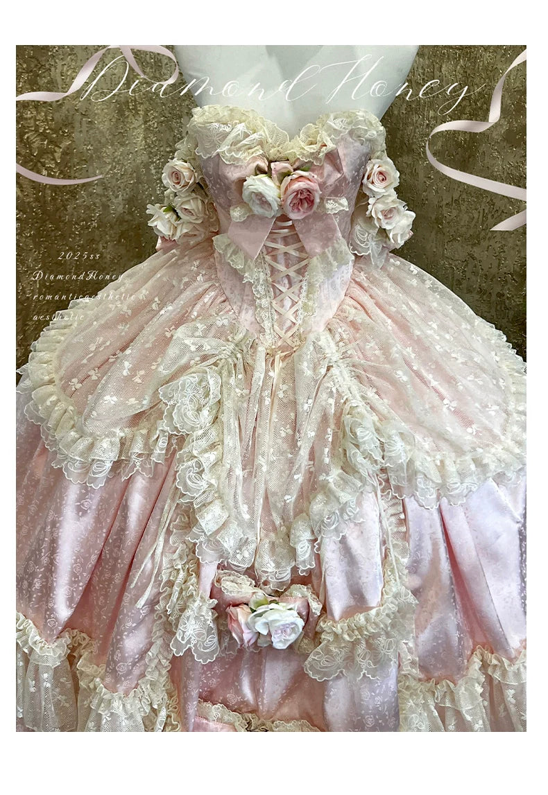 Diamond Honey - Love and Roses - Princess Bridal Wedding Lolita Dress With Rose Detail and Tiered Skirt