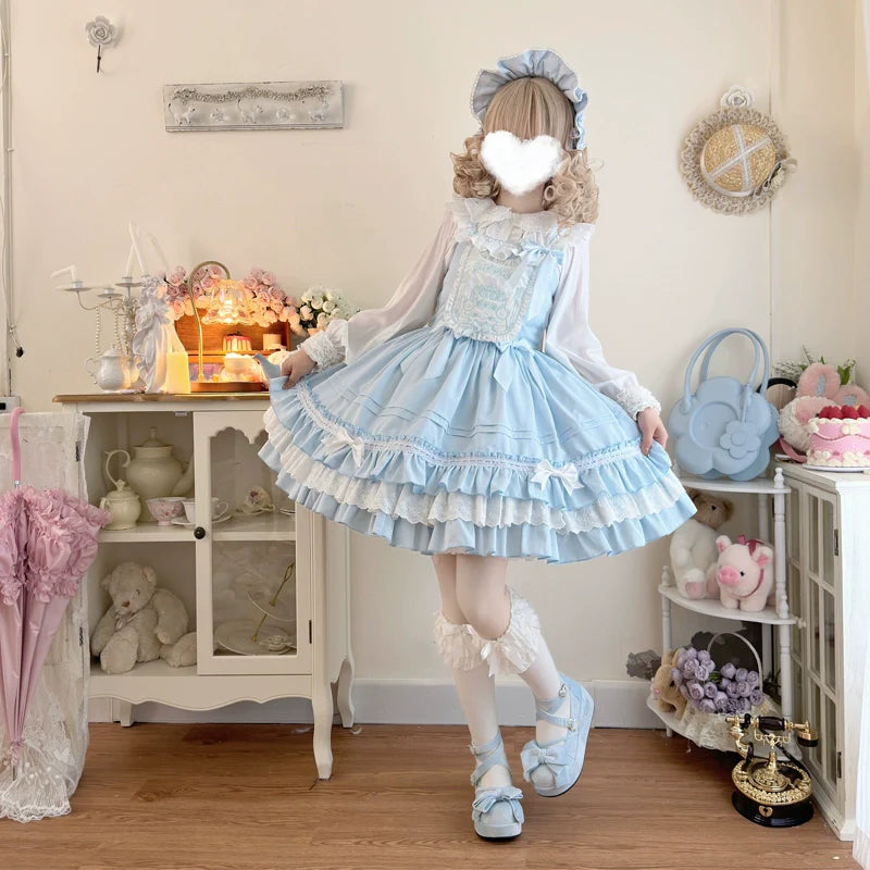 Hanguliang - Sweet Bear - Kawaii Lolita JSK Dress Embroidery Flounce Hem