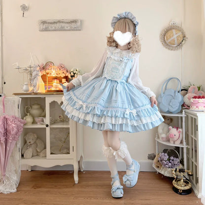 Hanguliang - Sweet Bear - Kawaii Lolita JSK Dress Embroidery Flounce Hem