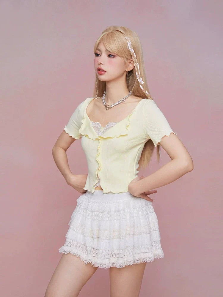 Summer lace slim top【s0000008937】