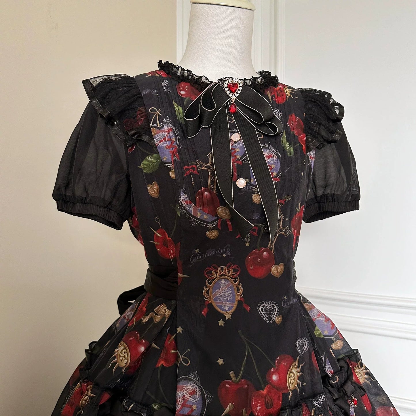 Gloaming - Sweet Lolita Cherry print Short Sleeve OP and SK Set