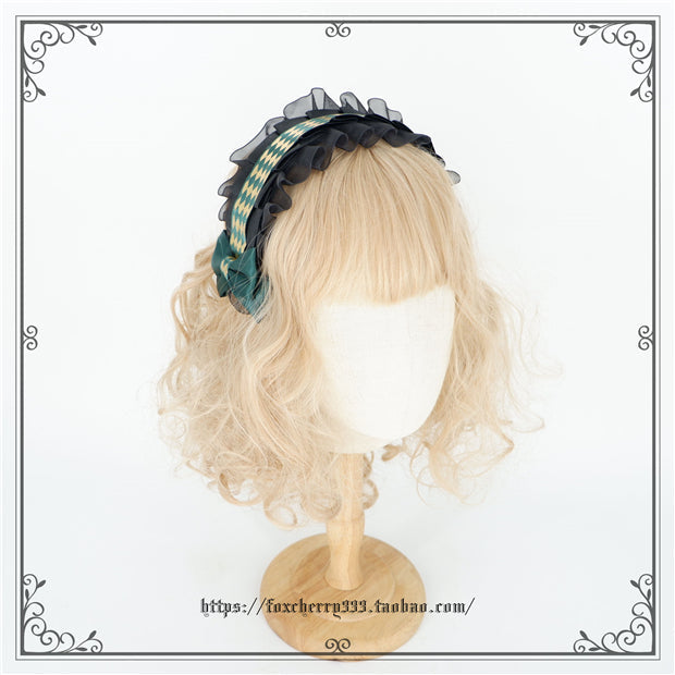 Fox Cherry - Green Lattice Rabbit Ear Bow Lolita Hat Headdress