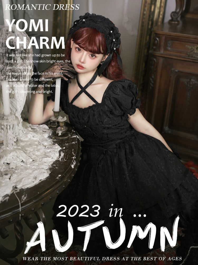 Eieyomi - Thorn Rose - Gothic Lolita Three-layer Ruffle Black OP