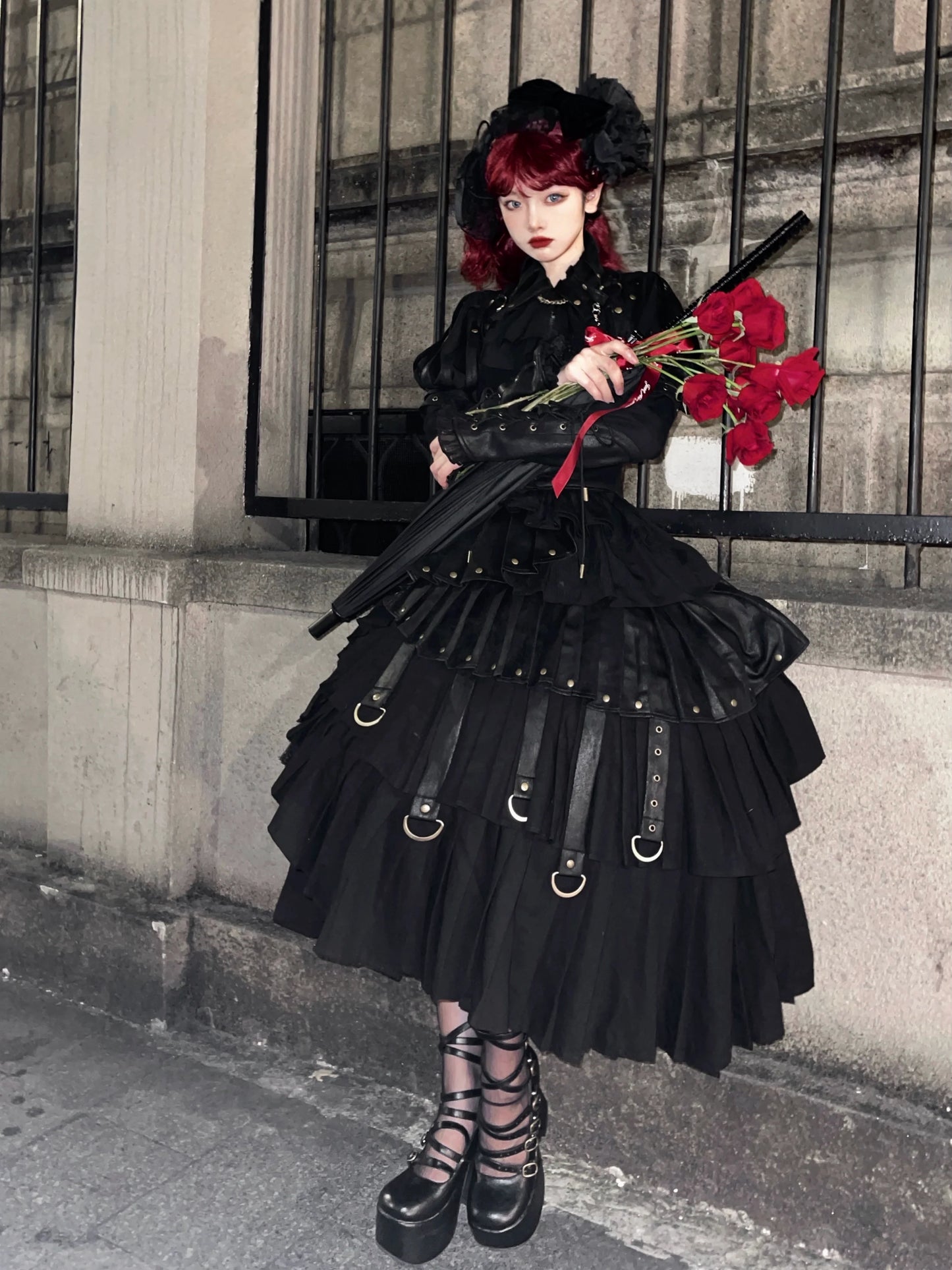 FOXTROT - Black Mist Beloved - Corset Gothic Lolita SK, Shirt, Faux Leather Cage Overlay