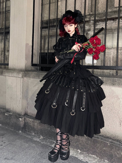 FOXTROT - Black Mist Beloved - Corset Gothic Lolita SK, Shirt, Faux Leather Cage Overlay