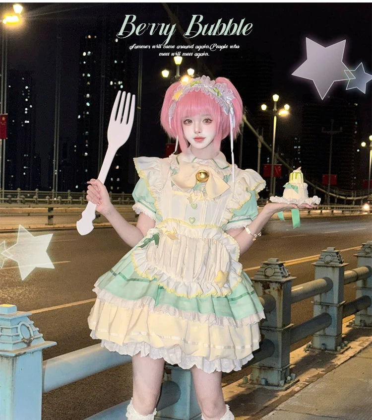Sakurahime - Berry Bubble - Kawaii Lolita OP Tiered Ruffles Apron Lolita Dress