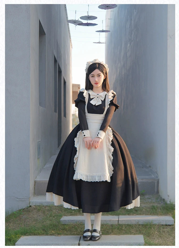 With PUJI - Kiss Kiss - Vintage Lolita OP Dress Maid Lolita Apron Dress