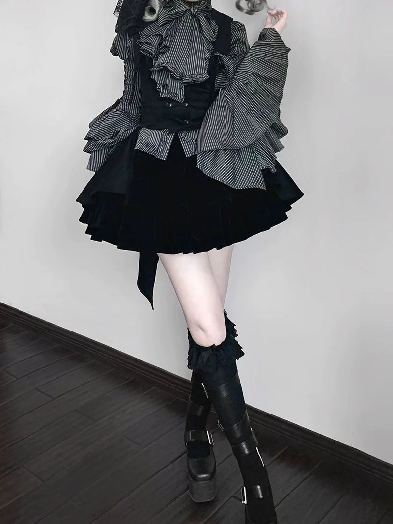 FlowerFairyDaily - Gothic Lolita Striped Shirt With Alternative NeckTie/Jabot