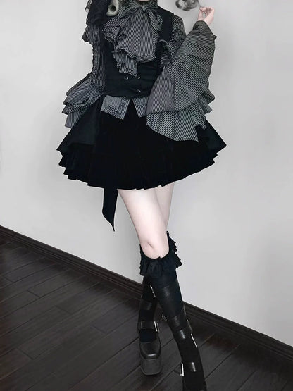 FlowerFairyDaily - Gothic Lolita Striped Shirt With Alternative NeckTie/Jabot