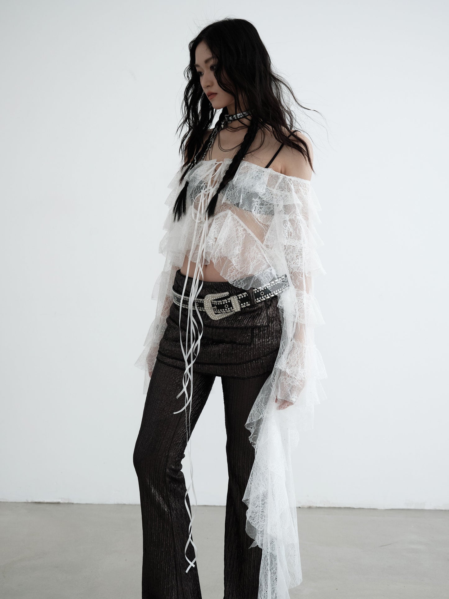 Asymmetrical Sheer Ruffled Lace Blouse