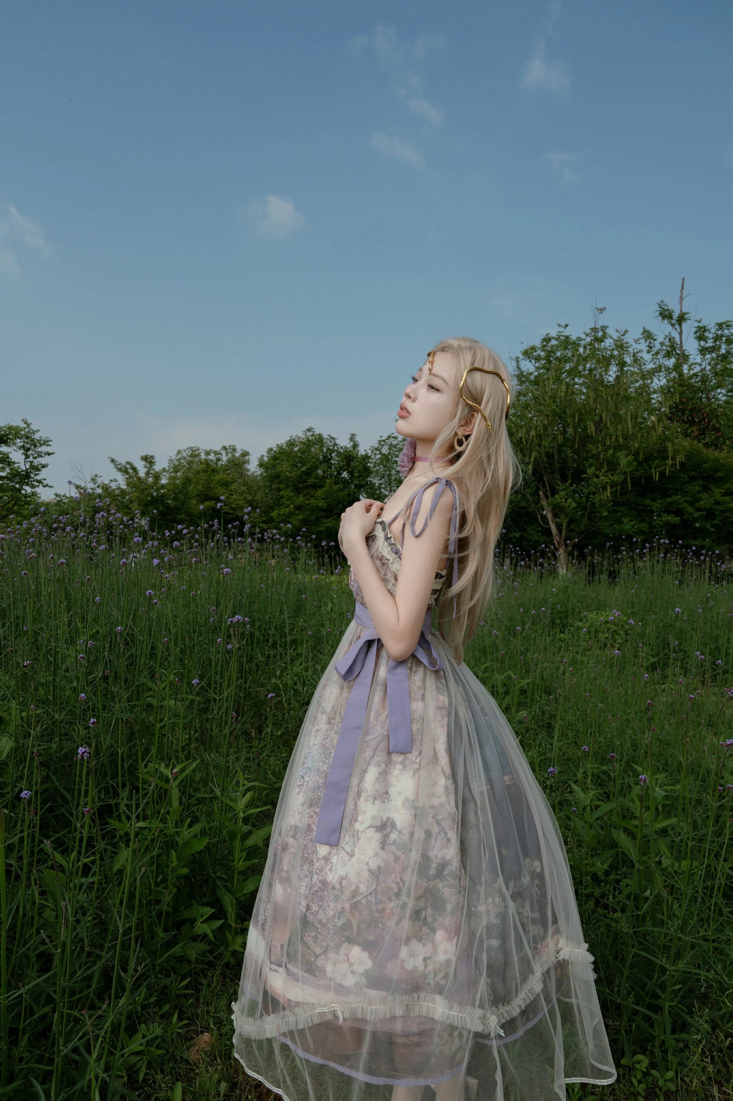 Cyan Lolita - Blooming Tree Shade - Sweet Lolita Strap JSK Bow Oil Painting Print Dress