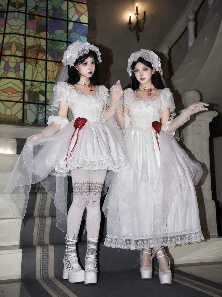 With PUJI - Dawn's Last Light - Castle Printed White Gothic Lolita OP, Two Length Styles