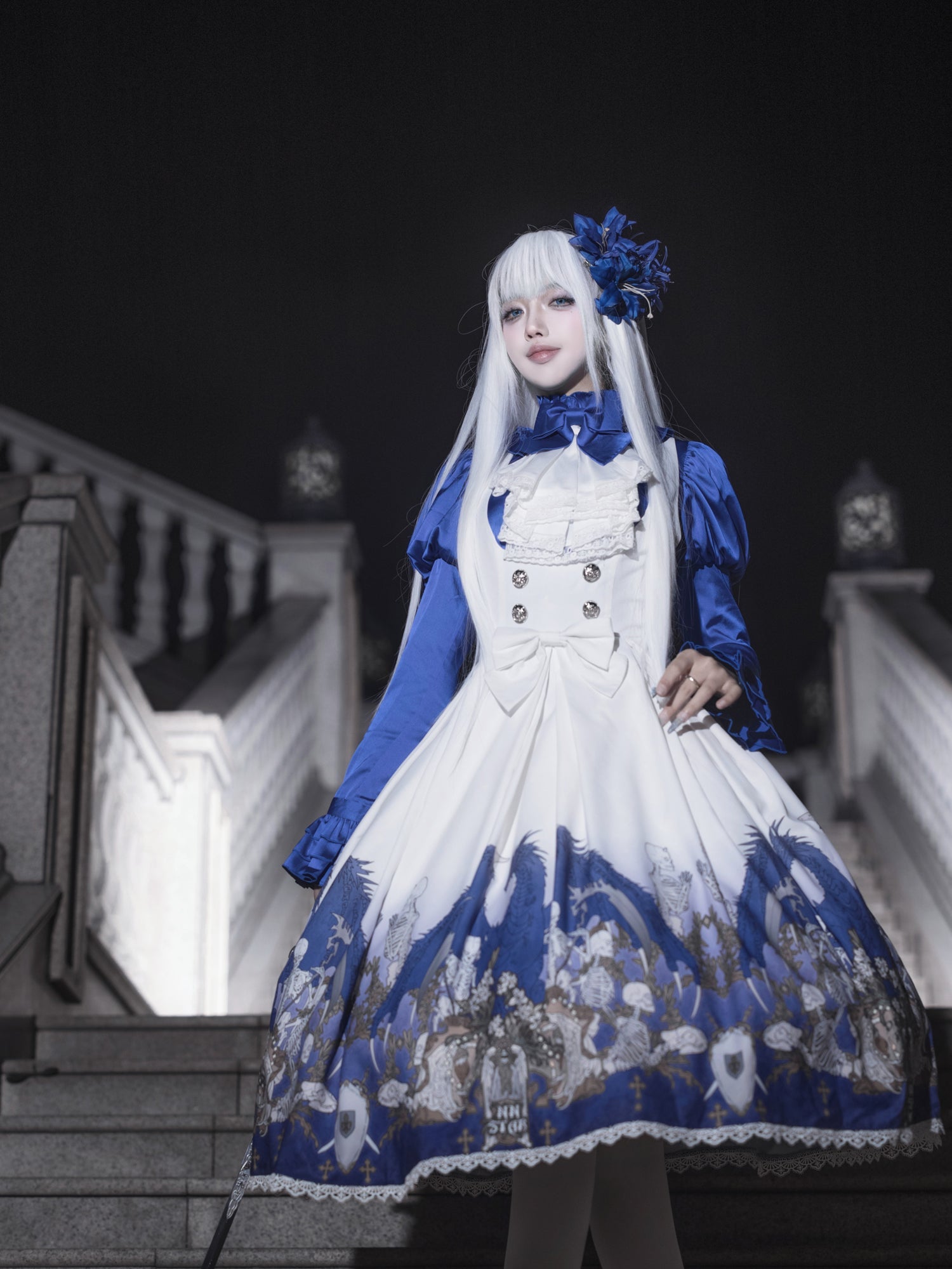 Nn Star - Dragonbone Lily - Dragon Skeleton Print Gothic Lolita Bust-supporting JSK and BNT