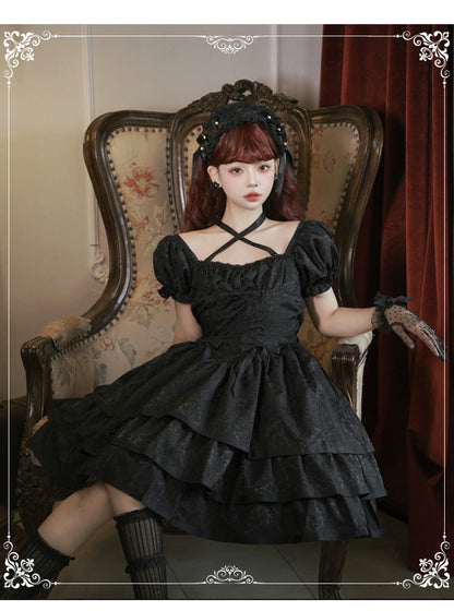 Eieyomi - Thorn Rose - Gothic Lolita Three-layer Ruffle Black OP