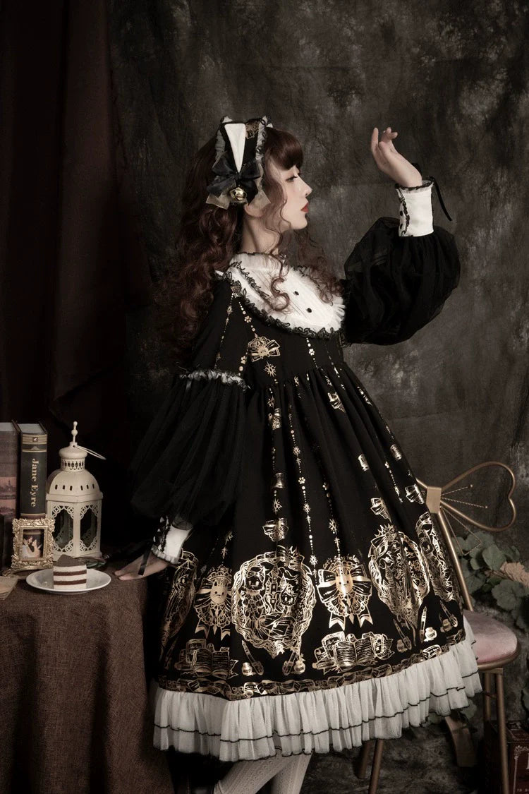 Ilovexiaolu - Foil-Stamped Fairytale Town - Animal Print Gothic Lolita Dress