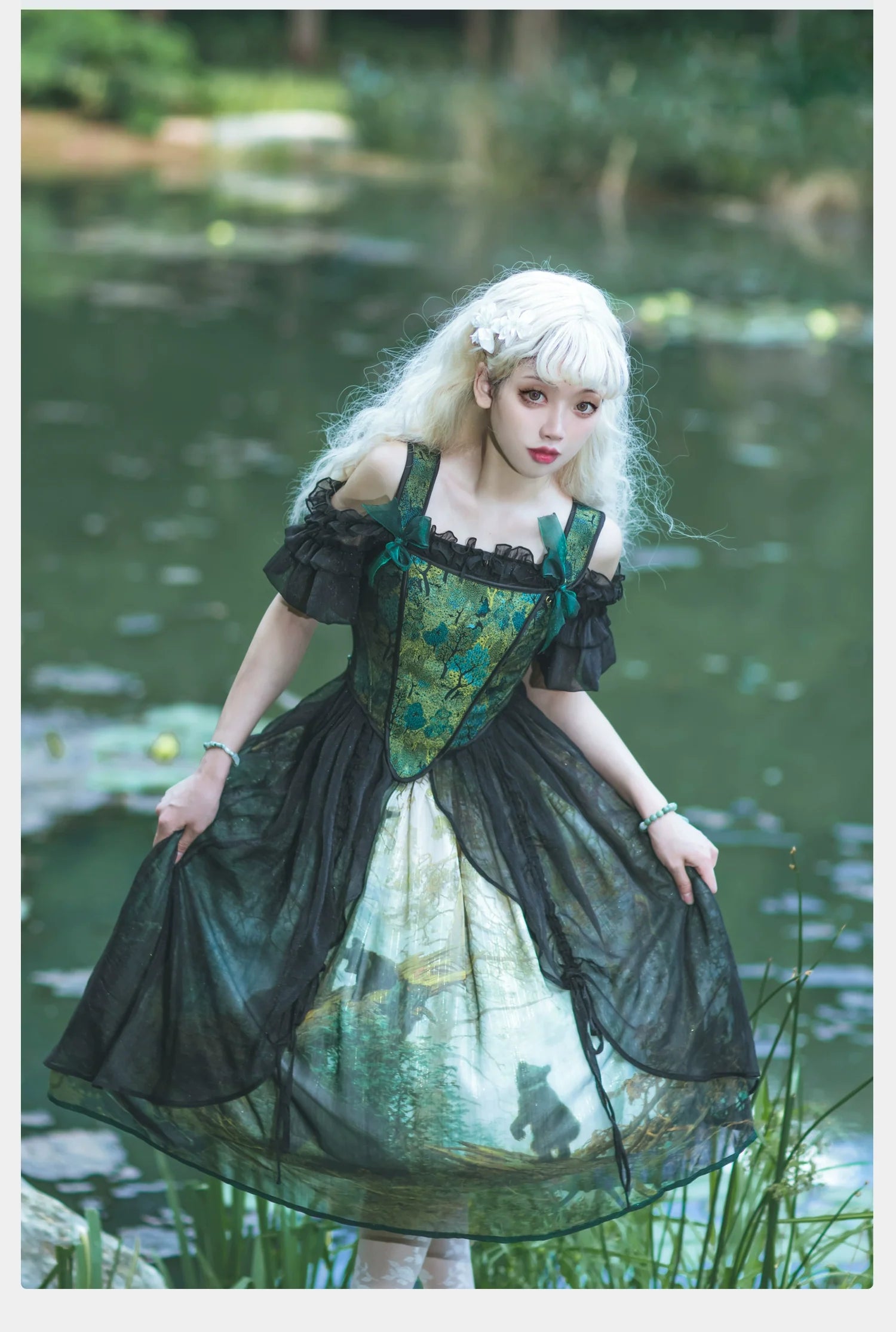 Cyan - Morning of Pine Forest - Elegant Lolita Bear Print Skirt