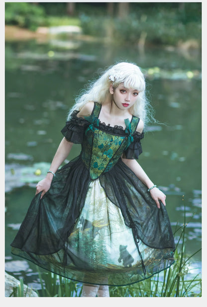 Cyan - Morning of Pine Forest - Elegant Lolita Bear Print Skirt